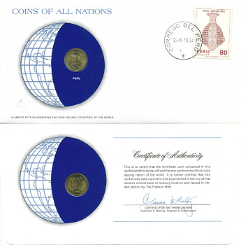 Перу 1 соль 1978 LIMA, конверт с маркой первого дня гашения, Coins of Nations KM 266.2 латунь UNC 4294-70-1