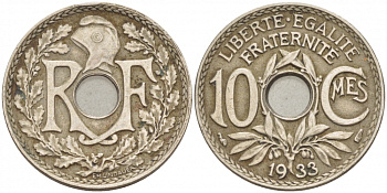 ФРАНЦИЯ 10 САНТИМОВ 1933 ТИП ЛИНДАЙЁ KM 886а медно-никель 98-217