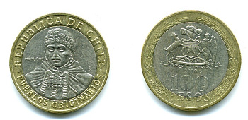 Чили 100 песо 2009 индейцы Мапуче KM 236 биметалл 29-827