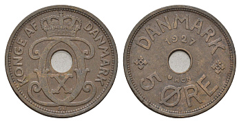 Дания 5 эре 1927 NCH, Кристиан X (1912-1947) KM 828 бронза 4700-757