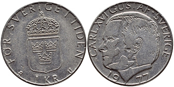 Швеция 1 крона 1977 Карл XVI Густав (1973- ) KM 852 медь плакированная медно-никелем 4397-833