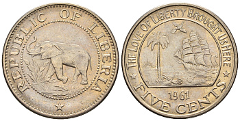 Либерия 5 центов 1961  KM 14 медно-никель  aUNC  220-1239