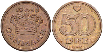 Дания 50 эре 1990 Маргрете II (1972- ) KM 866.2 бронза 202-754