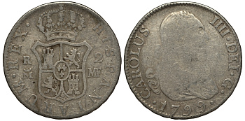 Испания 2 реала 1799 MF, мондвор (Мадрид), Карлос IIII (1788-1808) KM 430.1 (C69.1) серебро 650-935