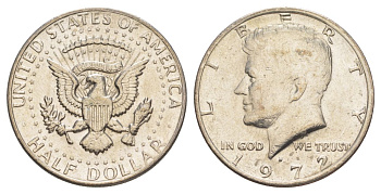США 1/2 доллара (50 центов) 1972 D, Джон Кеннеди KM 202b медь плакированная медно-никелем aUNC 189-1244