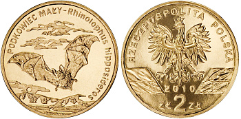 Польша 2 злотых 2010 MW, серия всемирная природа, подковоносная летучая мышь KM 723 нордик UNC 4511-244