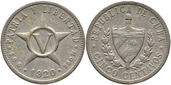 Куба 5 сентаво 1920 звезда, республика (1915-1961) KM 11.1, Y 5, Schoen 5 медно-никель 4622-317