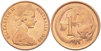 АВСТРАЛИЯ 1 ЦЕНТ 1980 ЕЛИЗАВЕТА II, МОЛОДОЙ ПОРТРЕТ, ОПОССУМ КМ 62 бронза UNC 3955-458