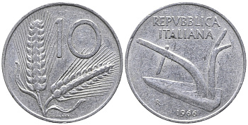 ИТАЛИЯ 10 ЛИР 1966 R, ПЛУГ KM 93 алюминий 34-1246