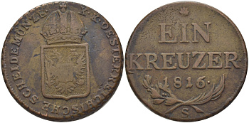 АВСТРИЯ 1 КРЕЙЦЕР 1816 S, ФРАНЦ II (1792-1835) KM 2113 медь 80-136