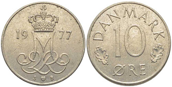ДАНИЯ 10 ЭРЕ 1977 S; B, МАРГРЕТЕ II (1972-) KM 860.1 медно-никель 116-245