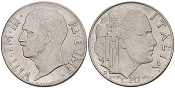 ИТАЛИЯ 20 ЧЕНТЕЗИМО 1940 R, ГОД XVIII, ВИКТОР ЭММАНУИЛ III (1900-1946), МАГНИТНАЯ, ГУРТ РИФЛЁНЫЙ KM 75b, VEM3. 1025 нержавеющая сталь 3853-454