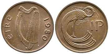 ИРЛАНДИЯ 1 ПЕННИ 1980 ПТИЧКА KM 20 бронза UNC 4110-616