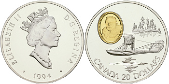 Канада 20 долларов 1994 самолет Кёртис HS-2L, оригинальная коробочка, сертификат KM 246 серебро, позолота PROOF 5-4-5-22