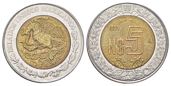 Мексика 5 новых песо 1993 KM 552 биметалл UNC 4622-1233