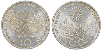 ФРГ 10 марок 1972 F, XX летние Олимпийские игры 1972 года в Мюнхене, олимпийский огонь KM 135, J.405 серебро aUNC 4178-811