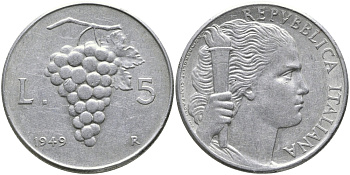 ИТАЛИЯ 5 ЛИР 1949 R, ВИНОГРАД KM 89 алюминий 89-443