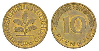 Германия 10 пфеннигов 1994 D KM 108, J. 383 сталь плакированная латунью 4627-154