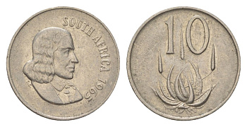 ЮАР 10 центов 1965 Ян ван Рибек (1619-1677), South Africa, легенда на африкаанс, цветок алоэ KM 68.1 никель 4627-217