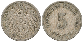 Германия 5 пфеннигов 1892 E, Вильгельм II (1888-1918) KM 11, J. 12 медно-никель 4615-727