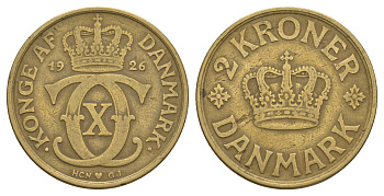 Дания 2 кроны 1926 HCN; GJ, Кристиан X (1912-1947) KM 825 алюминиевая бронза 81-416