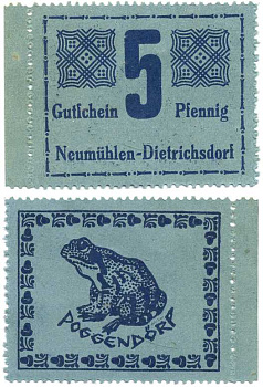 ПОГГЕНДОРФ 5 ПФЕННИГОВ 1918 НОТГЕЛЬД, ЛЯГУШКА, ЗЕМЛЯ МЕКЛЕНБУРГ-ПЕРЕДНЯЯ ПОМЕРАНИЯ бумага 6318-45-1-1