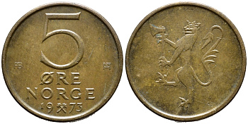 Норвегия 5 эре 1975 Улаф V (1958-1991) KM 415 бронза 4392-1323