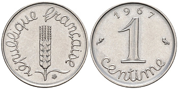 Франция 1 сантим 1967 KM 928, le Frank 106.14 хромированная сталь 4585-1056
