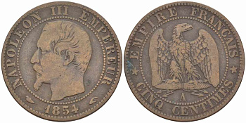 ФРАНЦИЯ 5 САНТИМОВ 1854 A, НАПОЛЕОН III (1852-1870) KM 777.1, LE FRANC 116.8 бронза 108-257