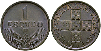 Португалия 1 эскудо 1973 KM 597 бронза UNC 86-1454