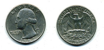 США 25 центов (квотер) 1967 Вашингтон KM 164a медь плакированная медно-никелем 46-1857