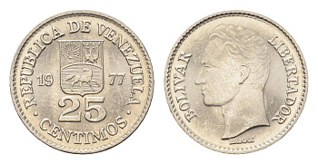 Венесуэла 25 сентимо 1977 Симон Боливар Y 50 никель UNC 4668-1032