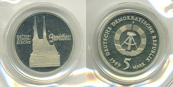 ГДР 5 марок 1989 A, Катариненкирхе в Цвиккау, тираж 3200 экз., в оригинальной запайке KM 129 медь цинк никель PROOF 5-3-1-160