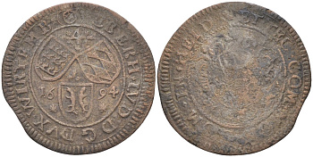 Вюртемберг 4 крейцера (батцен) 1694 Эберхард Людвиг (1693-1733) KM 260, Ebner 55, Kl./Ra. 76.4 медь 4182-313