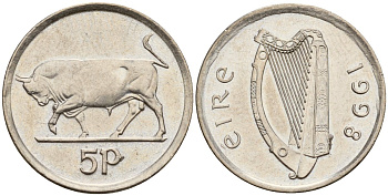 Ирландия 5 пенсов 1998 бык KM 28 медно-никель 4174-855