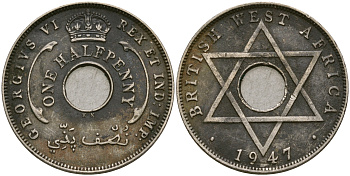 Британская Западная Африка 1/2 пенни 1947 KN, Георг VI KM 18 медно-никель 25-1137