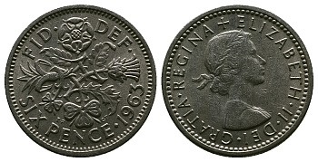 Великобритания 6 пенсов 1963 Елизавета II (1952-2022) KM 903, Spink 4149 медно-никель 4381-768