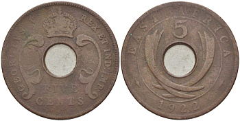 Британская Восточная Африка 5 центов 1922 Георг V (1910-1936) KM 18 бронза 117-124