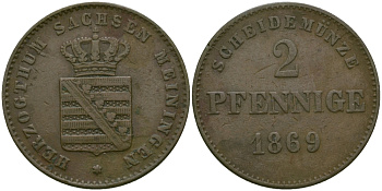 Саксен-Мейнинген 2 пфеннига 1869 Георг II (1866-1914) KM 174, Jaeger 448, AKS 215 медь 99-667
