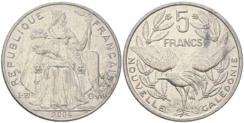 Французская Новая Каледония 5 франков 2004 птица кагу, (IEOM) KM 16, Schoen 12, Lec 81i алюминий 189-1232