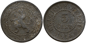 Бельгия 5 сантимов 1916 германская оккупация Первая мировая война, Альберт I (1910-1934) KM 80 цинк 4147-767