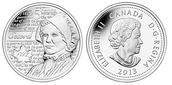 Канада 25 центов 2013 серия герои Канады в войне 1812-1815, Лора Секорд KM 1700 никелированная сталь UNC M47-06