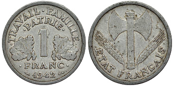 ФРАНЦИЯ 1 ФРАНК 1942 ПРАВИТЕЛЬСТВО ВИШИ, ТИП FRANCISQUE LOURDE KM 902.1, LE FRANC 222.2 алюминий 27-745