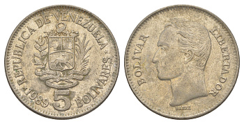 Венесуэла 5 боливаров 1989 Симон Боливар, толстый шрифт Y 53a.2 сталь плакированная никелем 4583-921