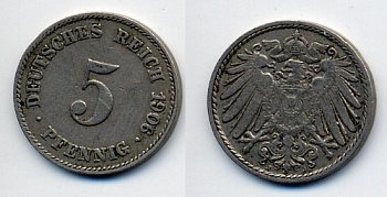 Германия 5 пфеннигов 1906 J KM 11, Jager 12, Weege 6 медно-никель 76-222