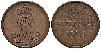 Ганновер 2 пфеннига 1849 A, Эрнст Август (1837-1851) KM 202.2, AKS 125, J. 75 медь 75-1924