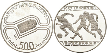 Венгрия 500 форинтов 1981 Чемпионат мира по футболу 1982 года KM 625 серебро PROOF 1095-8-51