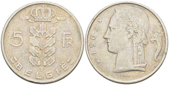 БЕЛЬГИЯ 5 ФРАНКОВ 1962 BELGIE, БОДУЭН I (1951-1993) KM 135.1 медно-никель 213-415