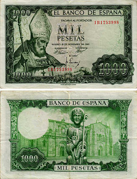 ИСПАНИЯ 1000 ПЕСЕТ 1965 (1971) 19 НОЯБРЯ 1965, СВЯТОЙ ИСИДОР Pick 151 бумага 6281-36-2-1