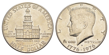США 1/2 доллара (50 центов) 1976 D, 200 лет независимости, Джон Кеннеди KM 205 медь плакированная медно-никелем aUNC 4545-1134